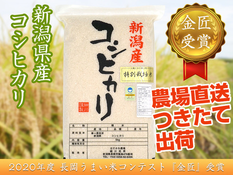 【金匠受賞】令和2年産新潟県認証特別栽培米コシヒカリ15kg(5㎏×3袋)