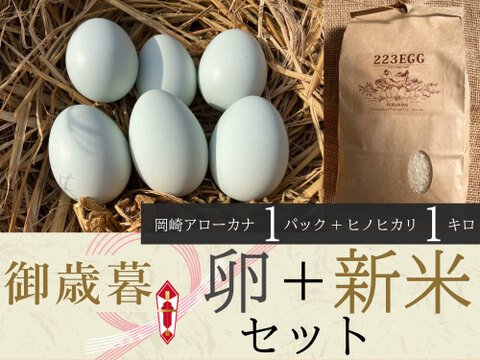 御歳暮［平飼い卵「岡崎アローカナ」 1パック+ 特別栽培米「ヒノヒカリ」1㎏］223EGG 冬ギフト【新米・令和5年産】
