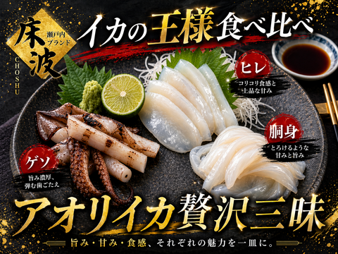 👑頂点を極める三味の真髄👑極上の贅と技が織りなす天然国産『アオリイカ 贅沢三味食べ比べセット』長州床波ブランド一押しの超豪華セット🌊約200g×3種【6月下旬予約】