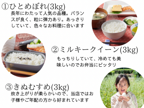 白米3種食べ比べ9kg ひとめぼれ、ミルキークイーン、きぬむすめ　3ｋｇ×3種　合計9kg　静岡県産　令和4年度