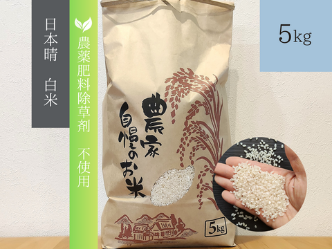 《農薬不使用・肥料除草剤不使用》お日さまたっぷりのお米『日本晴』【白米】5kg・2025年和歌山県産