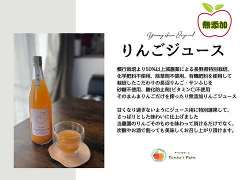 無添加！信州りんご発祥の地 長沼産 2025年産サンふじ 100% 生産農家直送 りんごジュース ６本 長野県 化学肥料不使用 除草剤不使用 人にやさしく環境にもやさしい農産物