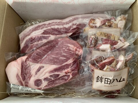 〖放牧豚・デュロック純粋種〗希少なかたまり肉を楽しむ！冷凍精肉おまかせセット (精肉1kg＋カットベーコン100g×3)