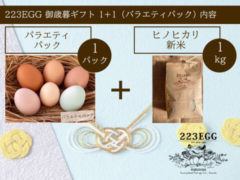 御歳暮［平飼い卵「バラエティパック」 1パック+ 特別栽培米「ヒノヒカリ」1㎏］223EGG 冬ギフト【新米・令和5年産】