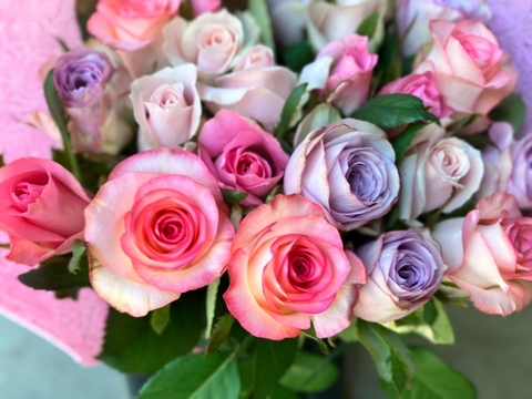 【20本の花束】ふんわりピンク&パープル🌹誕生日や結婚記念日のプレゼントに！シンプルラッピング