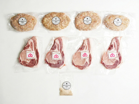 贈り物にピッタリ！10％の希少厳選豚「だいじょ豚」ギフトセット 手造りハンバーグ４個 ロースステーキ4枚 オリジナル藻塩10ｇ付き