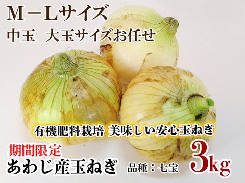 有機肥料栽培 兵庫県淡路産　M-Lサイズ 中玉 大玉サイズおまかせ　新玉ねぎ 3kg　品種：七宝　炒めると甘味が増す人気の品種です　ひょうご安心ブランド認定