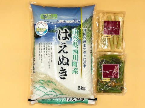 【山形県産 月山の湧水で育ったお米  はえぬき】精米 無洗米 A米５kg 2021年産 新米＆【美味しい山菜 細竹・山菜ミックス】2点セット です