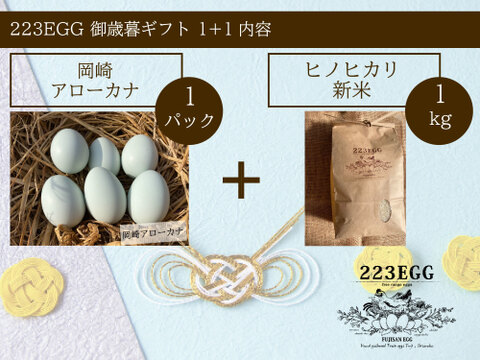 御歳暮［平飼い卵「岡崎アローカナ」 1パック+ 特別栽培米「ヒノヒカリ」1㎏］223EGG 冬ギフト【新米・令和5年産】