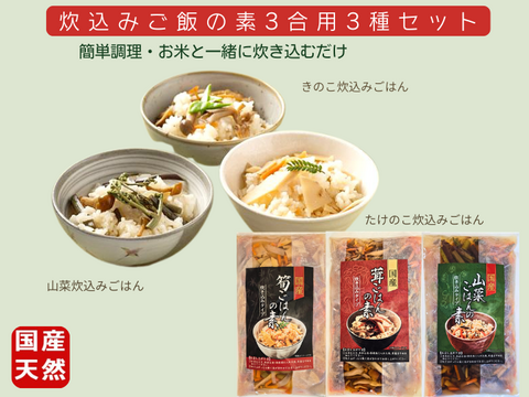 新商品割引セール【具沢山で増量】国産天然山菜 茸・筍・山菜炊き込みご飯の素各1袋 3合用