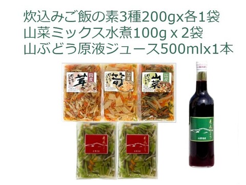 【福袋】山菜ミックス2袋＋炊込みご飯の素3種各1袋＋山ぶどう原液ジュース500ml1本 おまけ付 2024