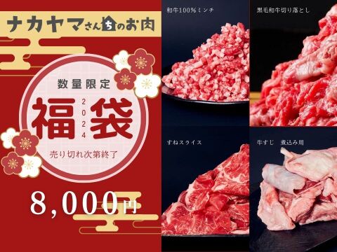 ナカヤマさんちのお肉　8,000円福袋 ご家庭の味をさらにおいしく！ 和牛切り落とし肉 400gすねスライス 400g 和牛100％ミンチ 500g 牛すじ 500g 豪華1.8㎏ 大容量福袋