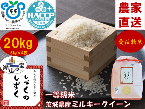 【令和6年産】毎日5合なら約26日分！茨城県産ミルキークイーン　しづくのしずく20kg（5kg×4袋）