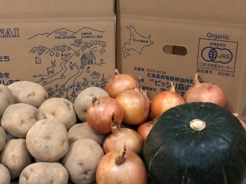 有機栽培秋のスペシャルセットＫ
　ジャガイモ北あかり5kg+玉ねぎ1.5㎏+カボチャ1.2kgサイズ1個+ニンニク2個