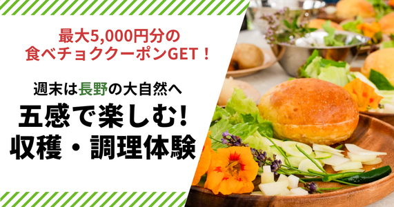 最大5000円分の食べチョククーポンがもらえる！
週末日帰りで大自然へ。長野県で収穫・調理体験で五感を満たそう！